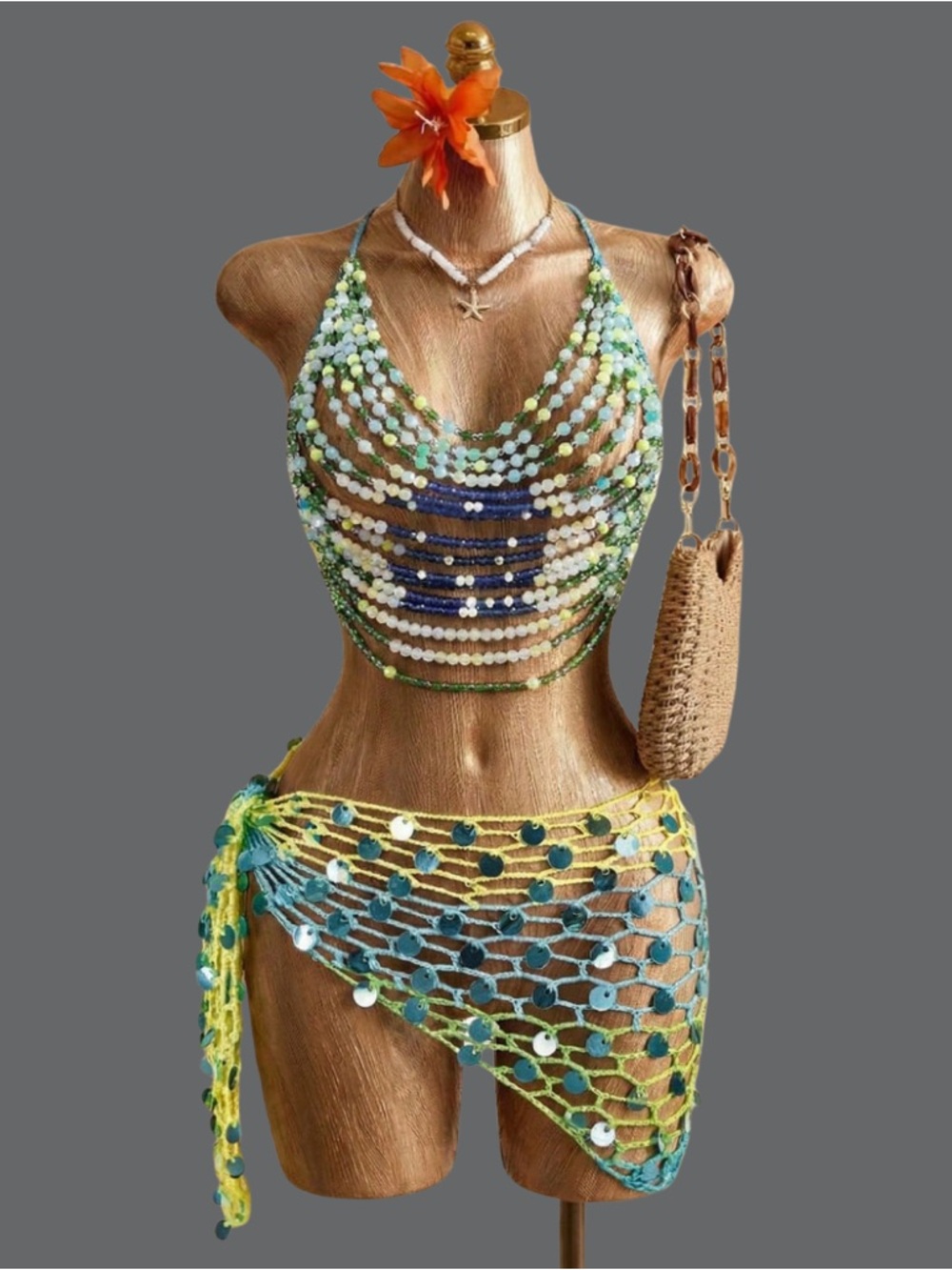 Handcrafted Multicolor Beaded Crochet Swim Set with Sarong